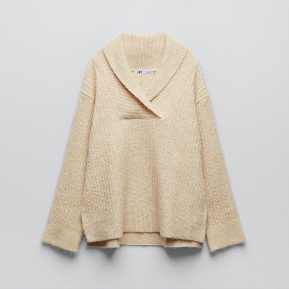 Zara Cream Cable-Knit Shawl Collar Sweater S (S001)